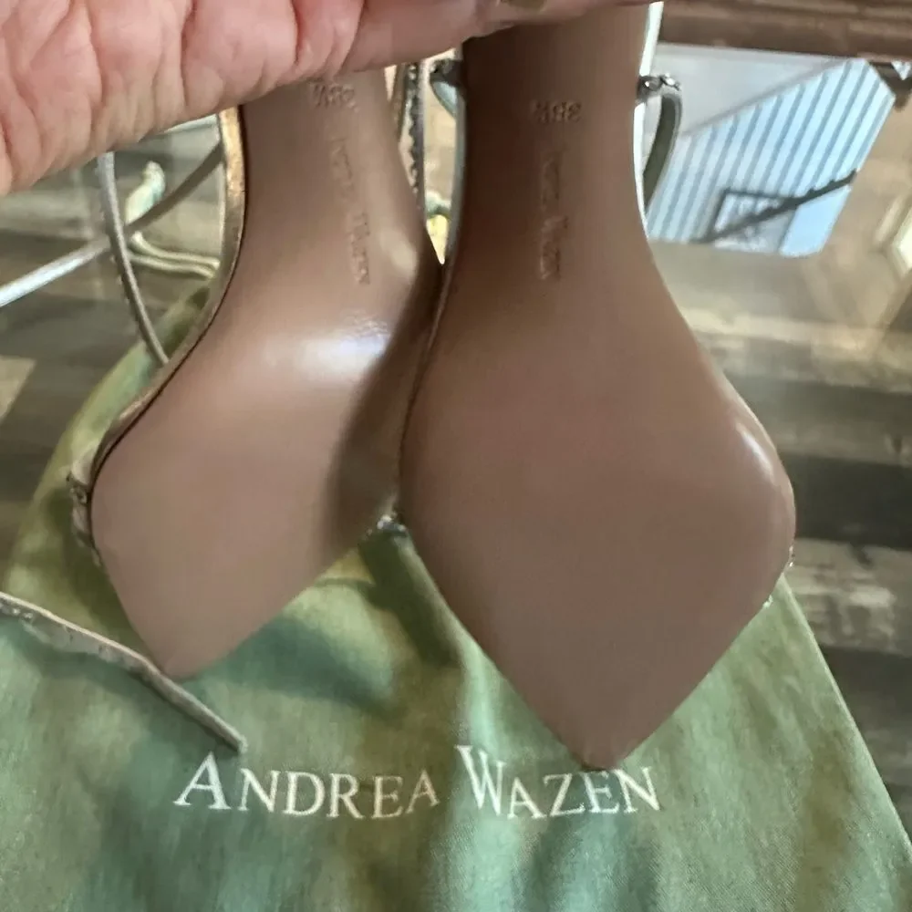 Andrea Wazen Silver Strappy Heels with Rhinestones